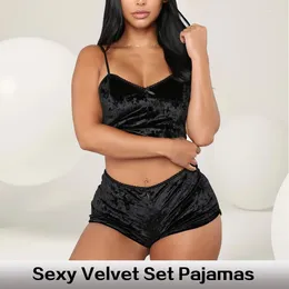 Home Clothing Two Piece Women's Sexy Black Velvet Pajama Set Sleeveless Backless Suspender Top And Shorts
