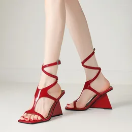 Sandals Phoentin Sexy Rome Peep Toe 2024 Wedges High Heels Ankle Wrap Women's Shoes Summer Red Plus Size FT3398