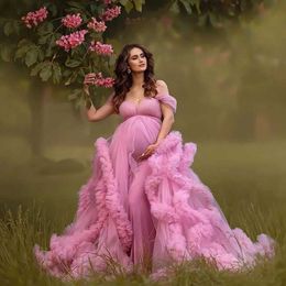 Maternity Dresses Fluffy Pink Tulle Maternity Robes for Photo Shoot Off Shoulder Tiered Ruffles Pregnant Women Dress Sexy Babyshower Gown T240509