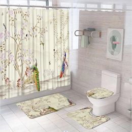 Shower Curtains 4Pcs Curtain Set Chinese Style Flower Bird Peacock Butterfly Scenery Bathroom With Bath Mat Rug Toilet Lid Cover