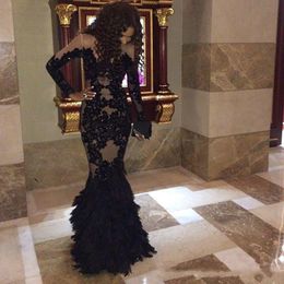 Luxury Black Feather Prom Dresses With Long Sleeves Sheer Champange Arabic Evening Gowns Real Tulle Mermaid Formal Dresses Gowns Plus S 301S