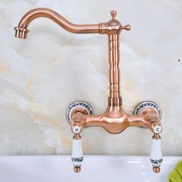 Kitchen Faucets Antique Red Copper Brass Wall Mounted Bathroom Sink Faucet Swivel Spout Mixer Tap Dual Ceramics Handles Levers Anf954