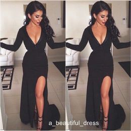 Sexy V Neck Black Long Sleeves Side Slit Evening Dresses Mermaid Prom Dress Formal Women Party Gowns ED1249 229v