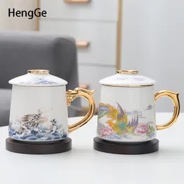 Mugs Retro Ceramic With Lid Filtration Coffee Cups Chinese Style Tea Cup Outline In Gold Colourful Painting Craft Office Home