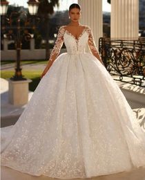 New Arrival Wedding Dress 2024 V-Neck 3D Lace Appliques Full Sleeves Ball Gown Buttons Back Bridal Bride Gown Vestido De Novia Customed