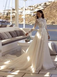 Charming A Line Wedding Dress Tulle With High Neck Beading Flowers With Lace Applique Full Sleeves Button Back Bridal Gowns