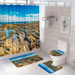 Shower Curtains Blue Ocean Coast Curtain Set Natural Scenery Sea Fabric Bathroom Non-Slip Bath Mat Pedestal Rug Lid Toilet Cover