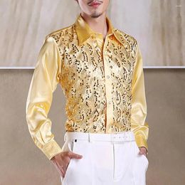 Men's Casual Shirts Formal Shirt Tops Elegant Luxury Sequins Performance For Wedding Stage Slim Fit Long Sleeve