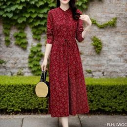 Casual Dresses Cotton Linen Retro Vintage Red Year Women Stand Collar Cute Girls Single-Breasted Button Shirt Dress