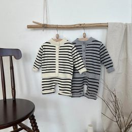 Spring Autumn Outfits born Knitsuit Boy Girl Baby Striped Sweater Suit Children Cotton Knit Cardigan TopsOveralls 2pcs 240507