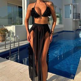 Women's Swimwear Echoine Sexy Bikini Suit 3 Piece Set Ruffle Patchwork Sheer Mesh See Through Cover Up Skirt Beach Clothing Summer