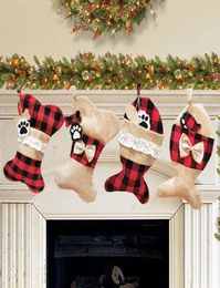 Dog Bone Christmas Stockings Gift Bag Bone Fish Shape Plaid Hanging Stocks Xmas Tree Decoration Candy Bag HHA15767603772