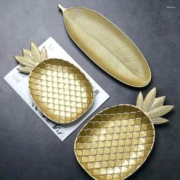 Decorative Figurines Wooden Pineapple Leaf Shape Tray Golden Jewellery Storage Plate Snack Fruit Bowl Home Decor Ornament