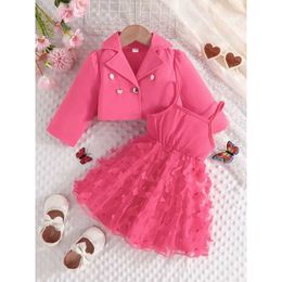 Girl's Dresses 2Pcs/Set For Baby Girl 1 -5Years old Long Sleeve Button Top Suspender Butterfly Tulle Skirt Princess Dresses Outfit Clothing SetL2405