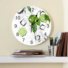 Wall Clocks Iced Lemon Lime Fruit Decorative Round Wall Clock Arabic Numerals Design Non Ticking Wall Clock Large For Bedrooms Bathroom