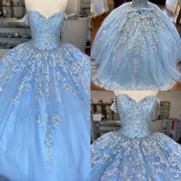 Baby Blue Lace Tulle Sweet 16 Dresses Off The Shoulder Floral Applique Tulle Beaded Corset Back Vestidos De Quinceanera Ball Gowns Prom 331f