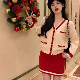Work Dresses Hsa Women 2 Pcs Winter Christmas Sets Sweater Jacket Women's Autumn And French Style Short Cardigan Top Red Skirt