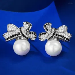 Stud Earrings Spring Qiaoer Elegant 925 Sterling Silver 10MM Pearl High Carbon Diamond Gems Bowknot For Women Jewellery