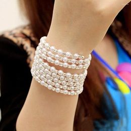 Bangle Women Simulated Pendant Wide Winding Charm Bangles Multilayer Pearl Bracelets