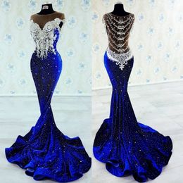 Blue Beaded Mermaid Backless Evening Dresses Sheer Bateau Neck Sequined Velvet Prom Gowns Sweep Train Appliqued Formal Dress 241q