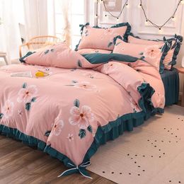 Bedding Sets Washed Cotton Modern Home Set Floral Print Bowknot Sheet Duvet Cover Pillow Cases Four Piece P10