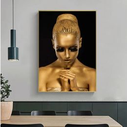 Funny Designed African Golden Woman Pictures Canvas Poster Wall Art Canvas Painting Abstract Portrait Picture HD Print For Living Room Home Decoration Cuadros