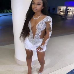 Sparkly Crystals Beaded White Feather Black Girls Short Prom Dresses 2023 Luxury Sheer Long Sleeve Birthday Party Gowns 297M