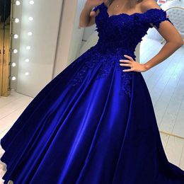 Cheap Royal Blue Ball Gown Prom Dresses 2020 Off the shoulder Lace 3D Flowers Beaded Corset Back Satin Formal Evening Dress Party Gowns 256C