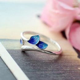 Cluster Rings Fashion Silver Opening Exquisite Blue Plant Leaf Couples Creative Flowers Design For Women Girls Party Fine Jewelry Gifts