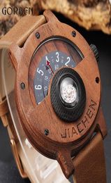 Unique Compass Turntable Number Design Mens Wooden Watch Men Brown Wood Leather Band Creative Natural Wood Wrist Watches Relogio Y8607565
