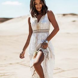 Boho Floral Lace Long Maxi Dresses Women Robe Vintage Vneck Sleeveless Summer Dress Beach Wear Tassel Casual Ladies Vestidos 240508