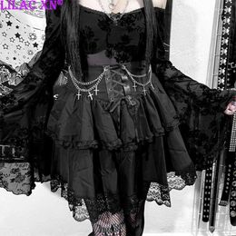 Skirts Goth Black Lace Trim Cross Chains Mini Faldas Y2K Sexy Lolita Aesthetic Tiered Cake Halloween Skirt Streetwear