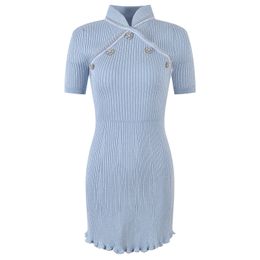 Summer Blue Solid Colour Beaded Dress Short Sleeve Stand Collar Rhinestone Short Casual Dresses Y4W09