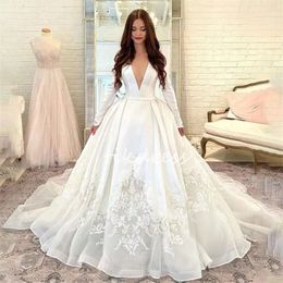 Princess Soft Satin Wedding Dresses 2024 Deep V Neck Long Sleeve Lace Bridal Gowns Elegant Garden Country Boho Bride Dress Vestios De Novia Appliques Robe De Mariage