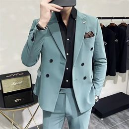 Men's Suits Blazers Fashion Men Double Breasted Plaid Suit Coat Pants 2 Pcs Set / Male Slim Fit Business Wedding Blazers Jacket Trousers #27