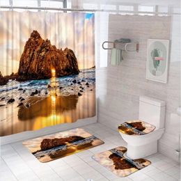 Shower Curtains Ocean Waves Beach Curtain Sets Natural Scenery Sunset Islands Fabric Bathroom Non-Slip Rug Bath Mat Toilet Cover