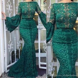 2020 Modest Dark Green Bateau Neck Full Lace Mermaid Evening Dresses Long Sleeve Prom Gown Women Formal Dress Vestido De Festa 2632
