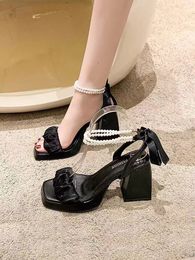 Sandals Fairy Style 2024 Summer New Fashion Versatile Pearl Style Thick Heel Open Toe French High Heels