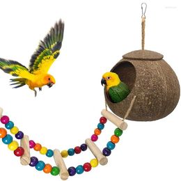 Dog Collars Hanging Coconut Bird House With Ladder Natural Fibre Shell Nest For Parrot Lovebird Canary Cage Accessories