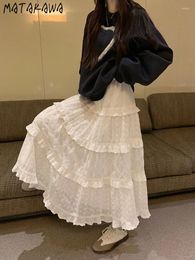 Skirts Matakawa Ruffles Lace For Women Solid Spring Summer Sweet Elegant Faldas Mujer Korean Fashion Chic Y2k Long Skirt