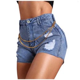 Women's Shorts Vintage Denim Fashion Women Metal Chain Pendant Ripped Retro Jeans High Waisted Tight Cropped Summer Pencil