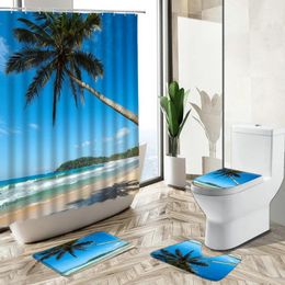 Shower Curtains Ocean Beach Coconut Tree Scenery Bathroom Curtain Set Blue Sky White Cloud Summer Home Decor Bath Mat Toilet Cover Carpet