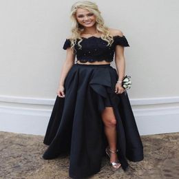 Black Satin Skirt Lace with Appliques Top Split Formal Evening Party Gowns for Girls Charming Two Piece Off the Shoulder Long Prom Dres 187D