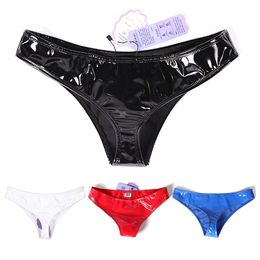 Men Women Sexy Latex Leather Shiny Wet Look Panties Low Waist Sexy Bikini Thong Brief Clubwear Glossy Thong 240511
