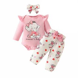 Giyim setleri 3 parçalı kız bebek set karikatür fil fil baskısı uzun kollu onesie üst elastik bel pantolonları bebek seti 0-18 ay eskil2405