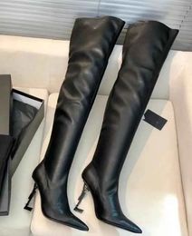 Winter Luxury Opyum Women Over-the-knee Boots Point-toe High Heels Knee-high Party Dress Walking Calf Leather Booties Lady Knight Booty EU35-43 #072444