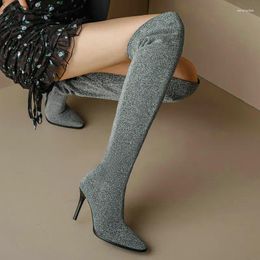 Boots Silver Red Glitter Bling Stripper Heels Stretch Womens Over-the-knee Booties Thin High Stiletto Shoes Overknee