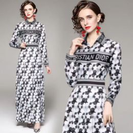 Designers new design women's stand collar fashion white short-sleeved long-sleeved women's high-waisted long dress casual play dress letter print