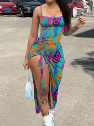 Casual Dresses LW Sexy Slim Multicolor Ruched Drawstring Thigh Split Cami Bodycon Dress Backless Lace Up High Opening Shirred Maxi Vestidos