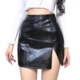 Skirts Black Faux Leather For Women Ladies High Waist Side Slit Skinny Skirt Sexy Bodycon Package Hip Mini Faldas